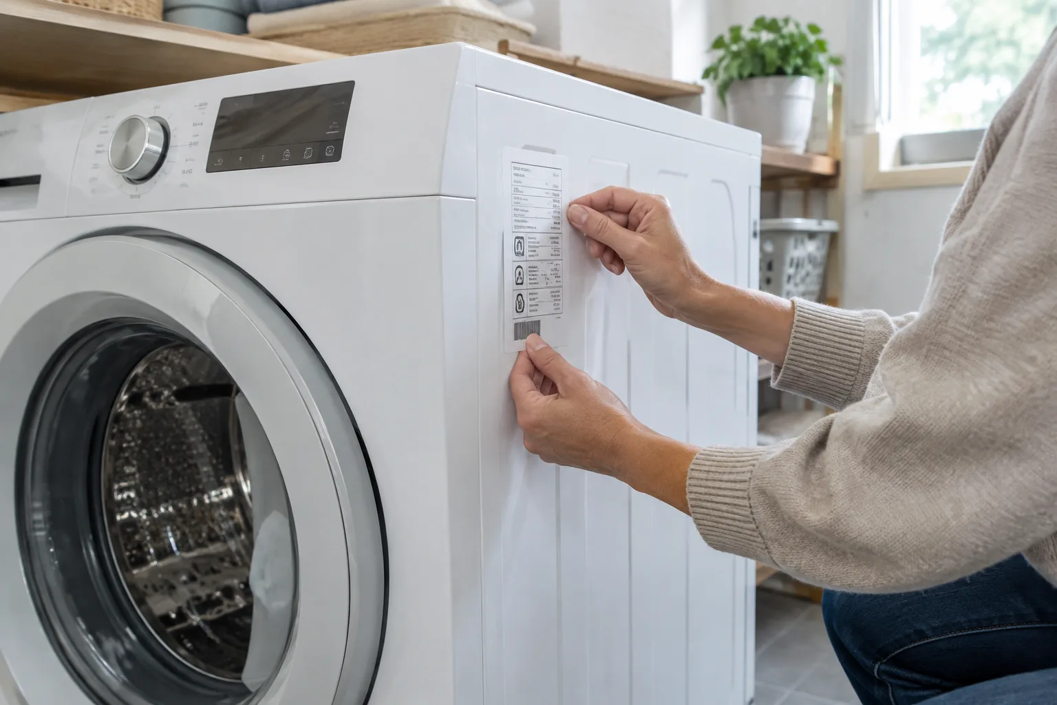 Une personne vérifie l’étiquette d’un lave-linge reconditionné dans une buanderie.