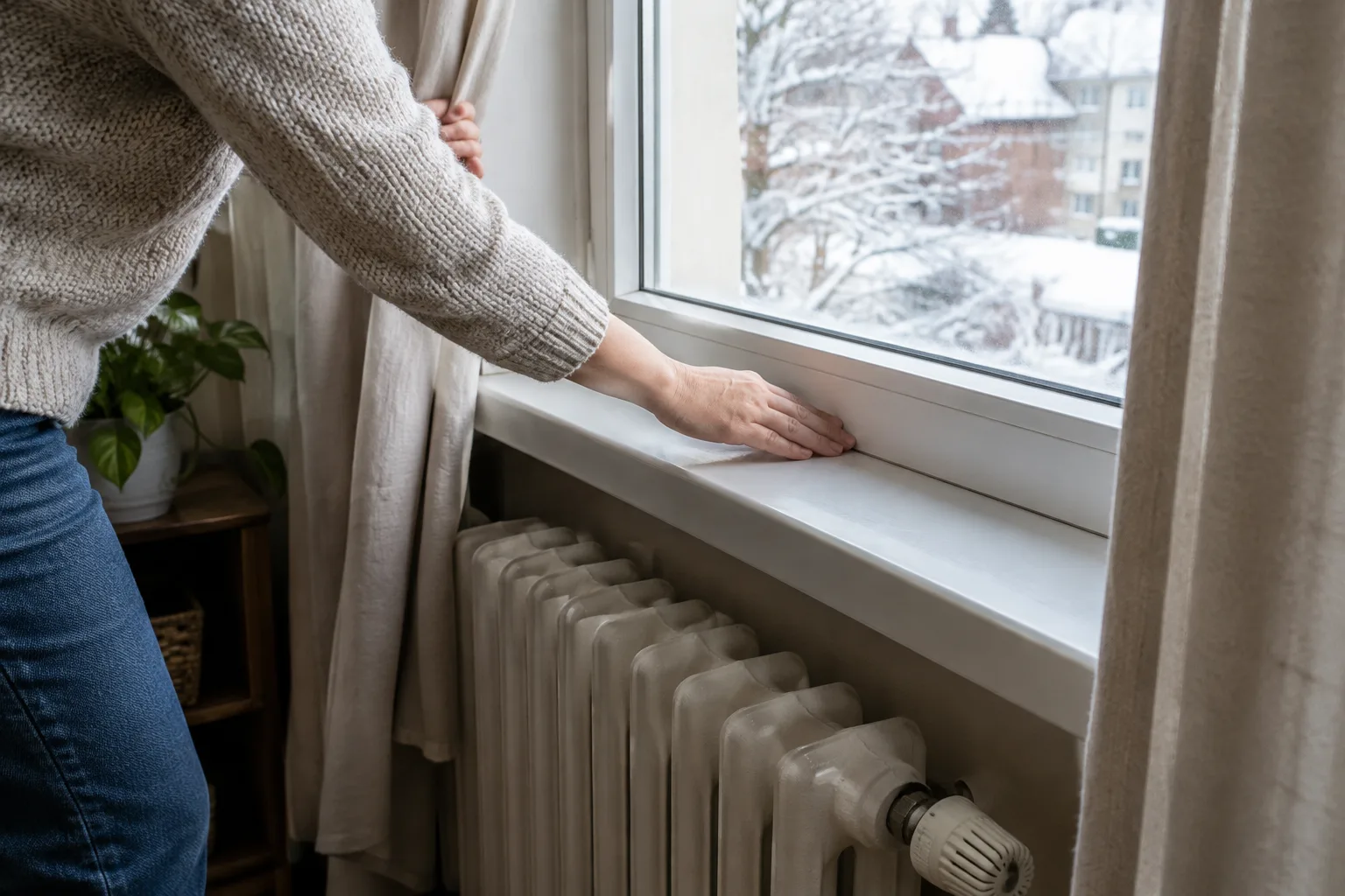 Une main vérifie un courant d’air près d’une fenêtre au-dessus d’un radiateur.