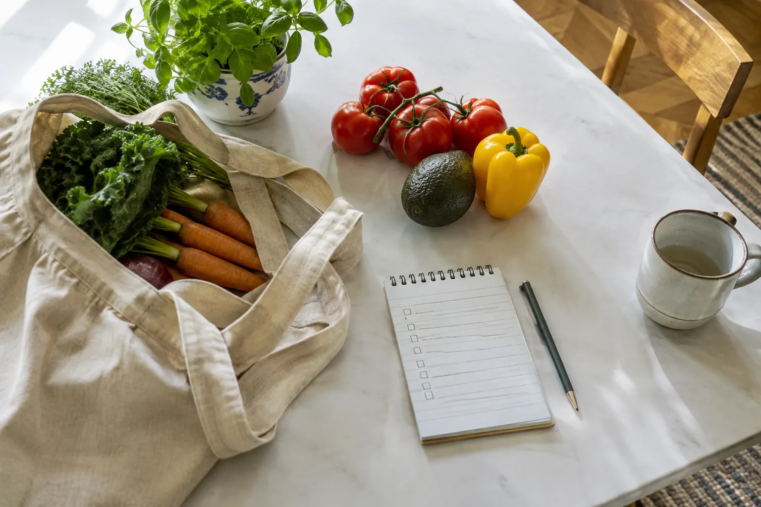 Une liste de courses posée près d’un sac réutilisable et de quelques légumes frais.