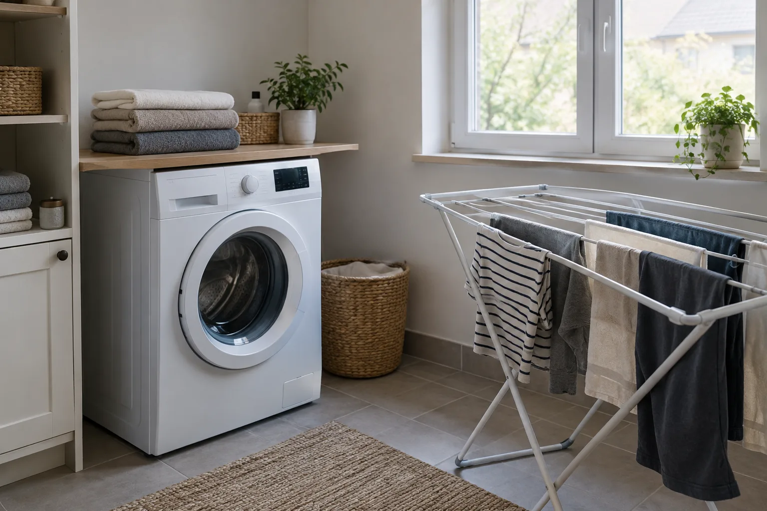 Un lave-linge et un étendoir dans une buanderie lumineuse.