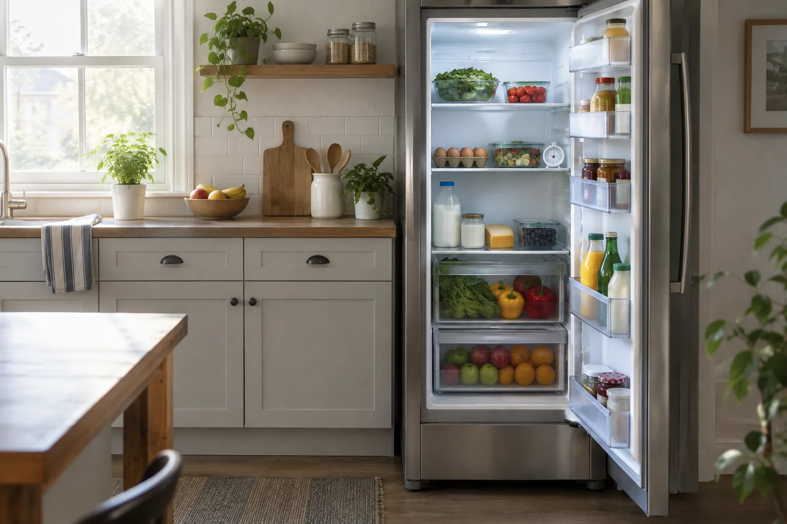 Réfrigérateur ouvert avec des aliments rangés et un thermomètre sur une étagère.